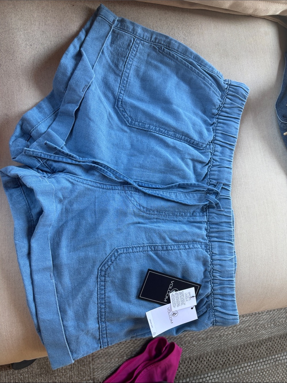 Volcom Light Blue Elastic Waist Denim Shorts